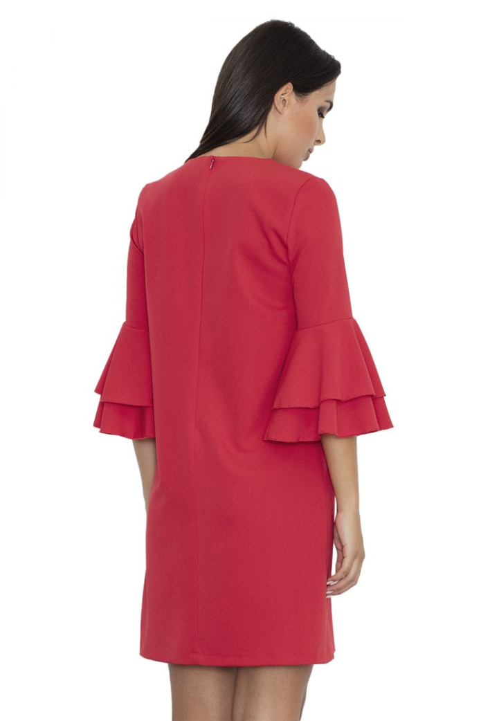 Sukienka Mini - Trapezowa Luźna Z Falbaną - czerwona